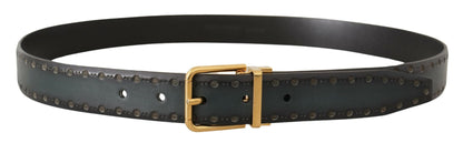 Green Perforated Leather Brass Metal Belt