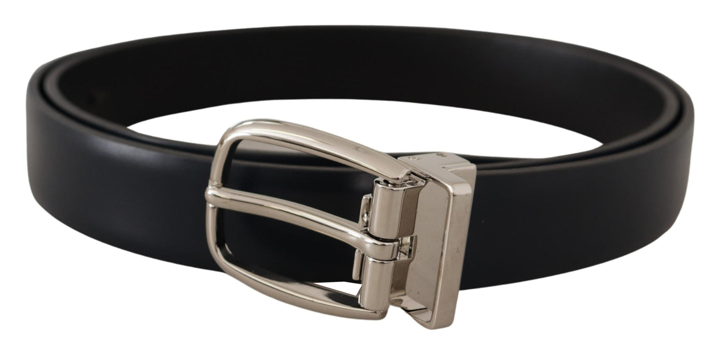 Black Leather Formal Silver Metal Buckle Belt