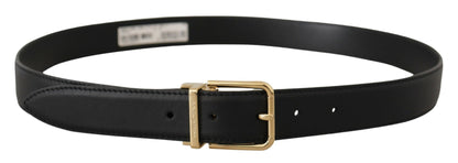 Black Classic Leather Gold Metal Logo Buckle Belt