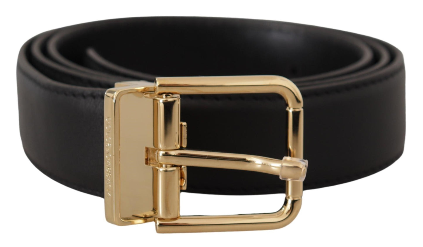 Black Classic Leather Gold Metal Logo Buckle Belt