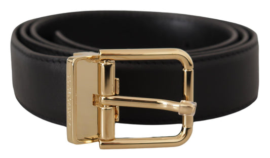 Black Classic Leather Gold Metal Logo Buckle Belt