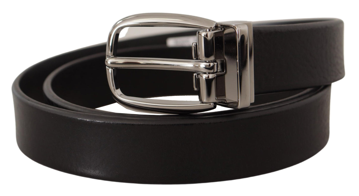 Black Classic Calf Leather Metal Logo Belt