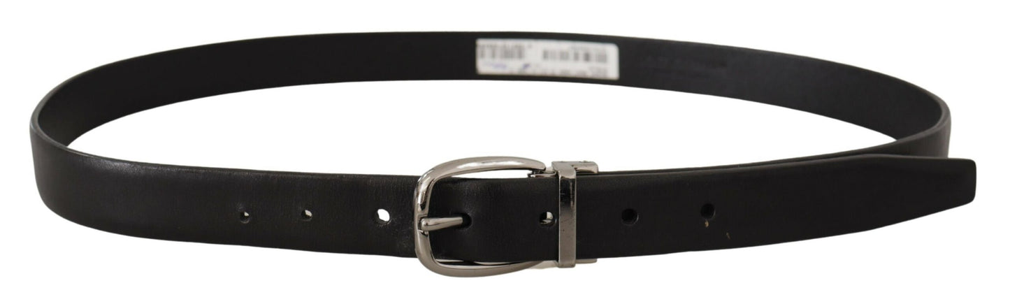 Black Leather Chrome Logo Metal Buckle Belt