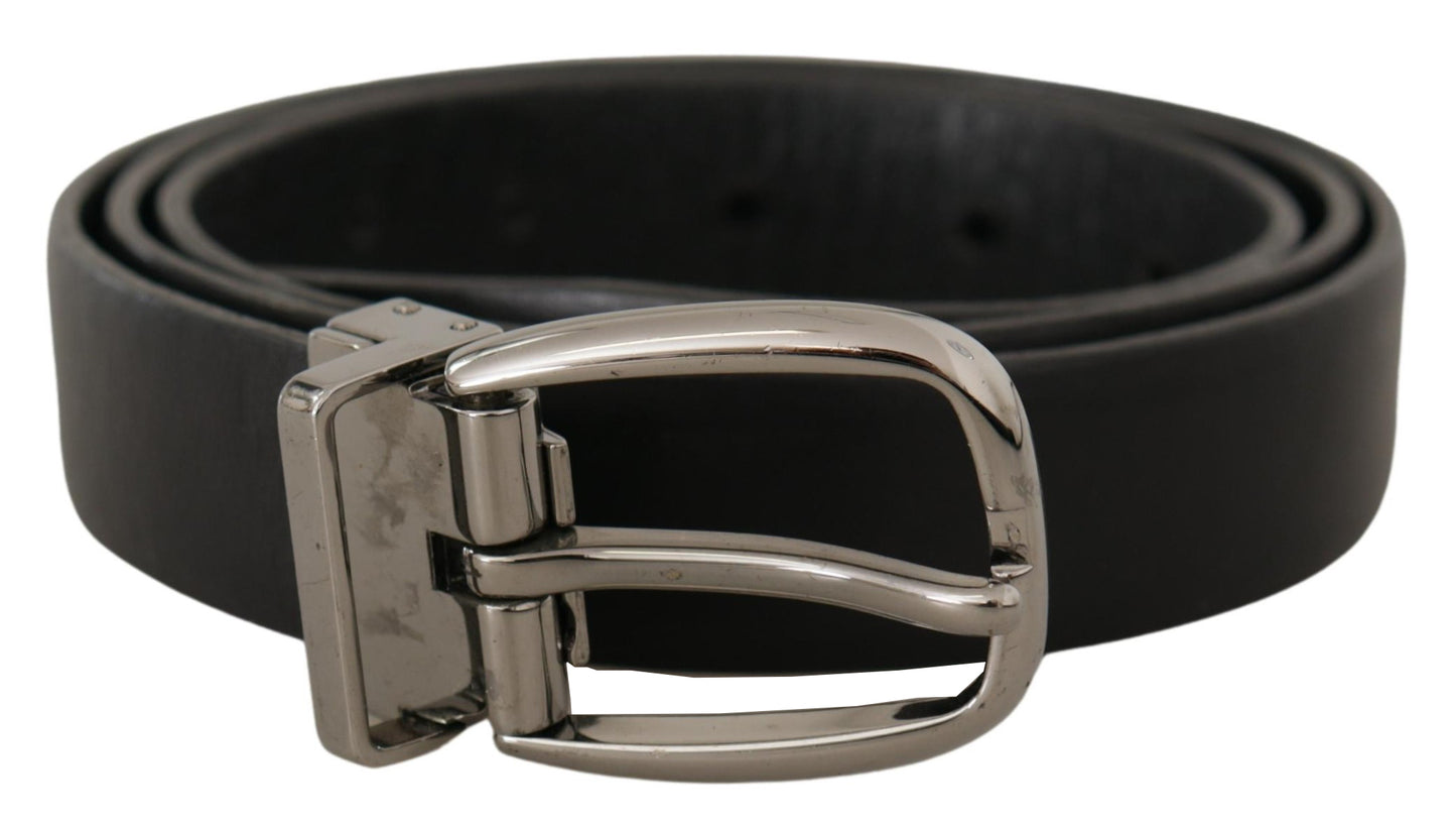 Black Leather Chrome Logo Metal Buckle Belt