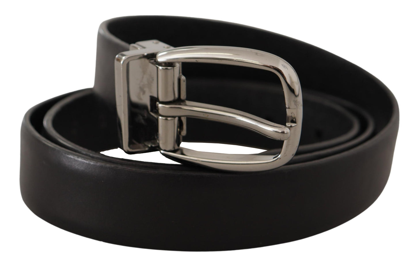 Black Leather Chrome Logo Metal Buckle Belt