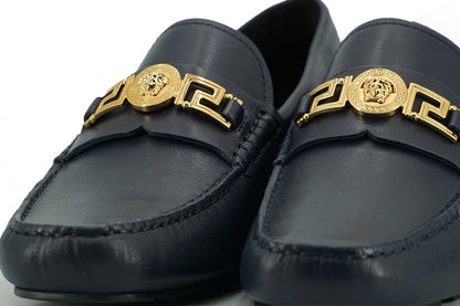 Versace Navy Blue Calf Leather Loafers Shoes