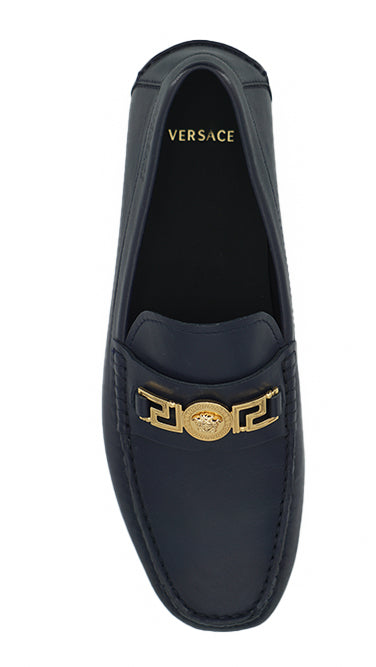 Versace Navy Blue Calf Leather Loafers Shoes