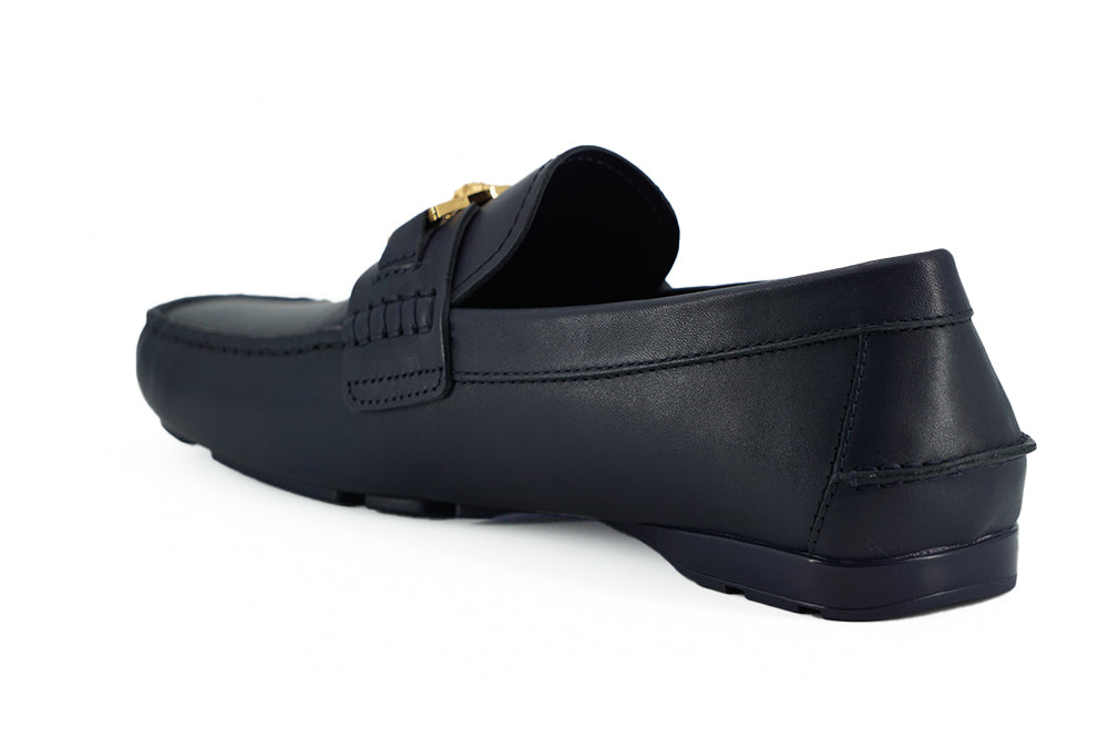 Versace Navy Blue Calf Leather Loafers Shoes