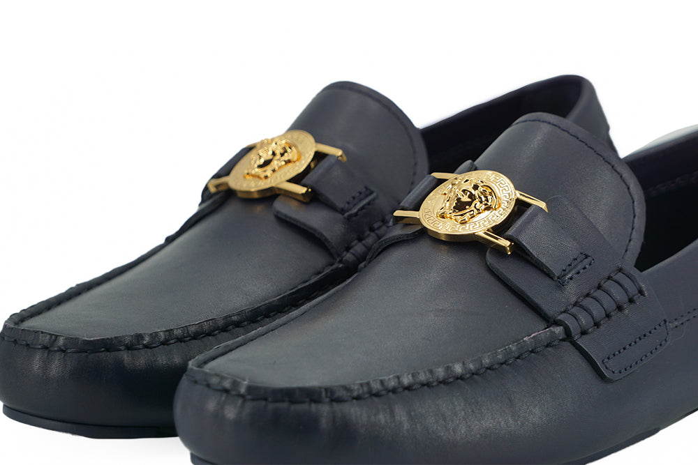 Versace Navy Blue Calf Leather Loafers Shoes