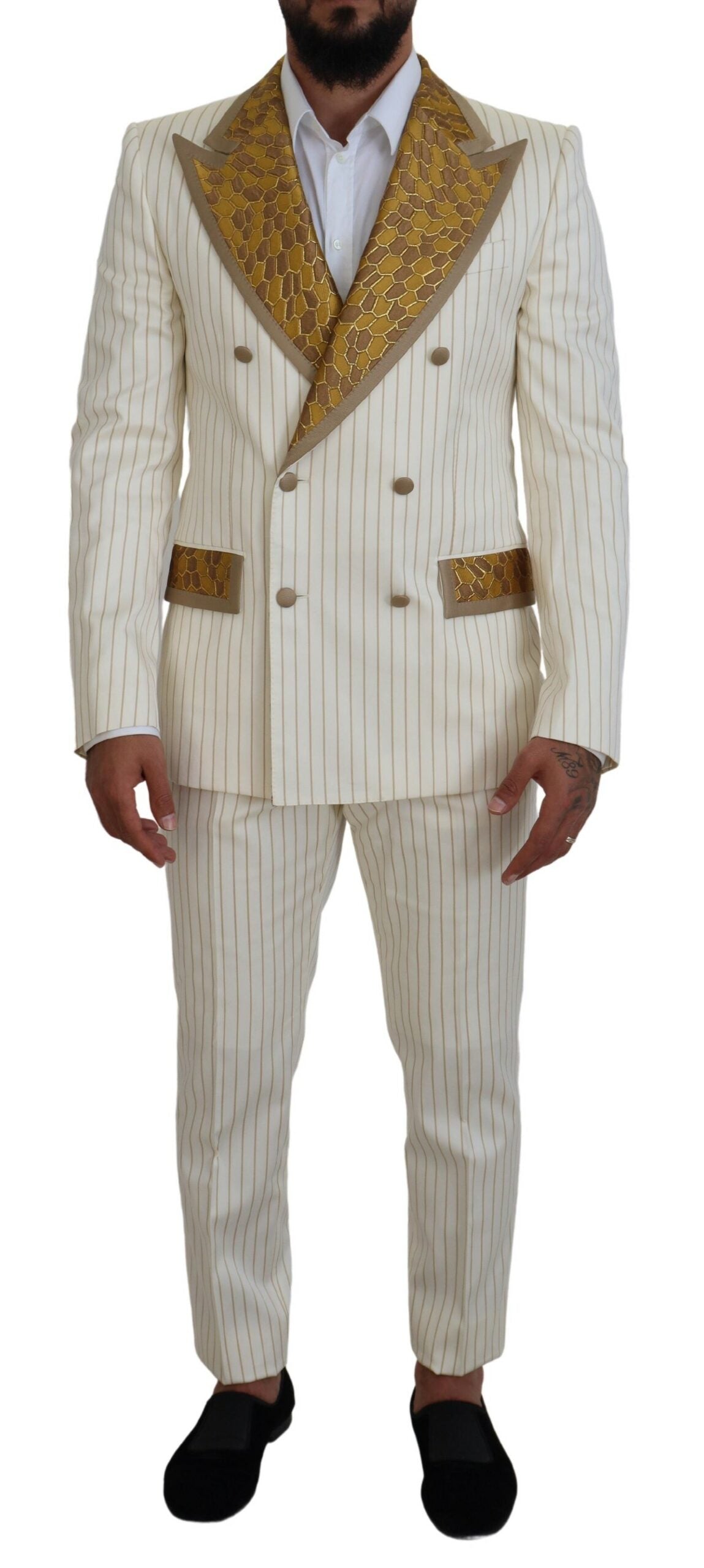 Dolce & Gabbana Men's Off White Gold Striped Tuxedo Slim Fit Suit