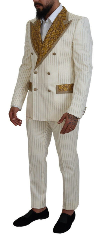 Dolce & Gabbana Men's Off White Gold Striped Tuxedo Slim Fit Suit