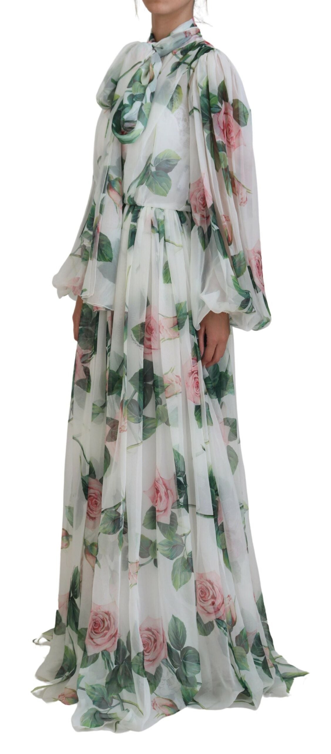 Dolce & Gabbana Elegant White Silk Maxi Dress with Rose Print