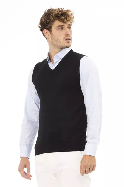 Alpha Studio Men's Black Viscose V-neck Sweater Vest