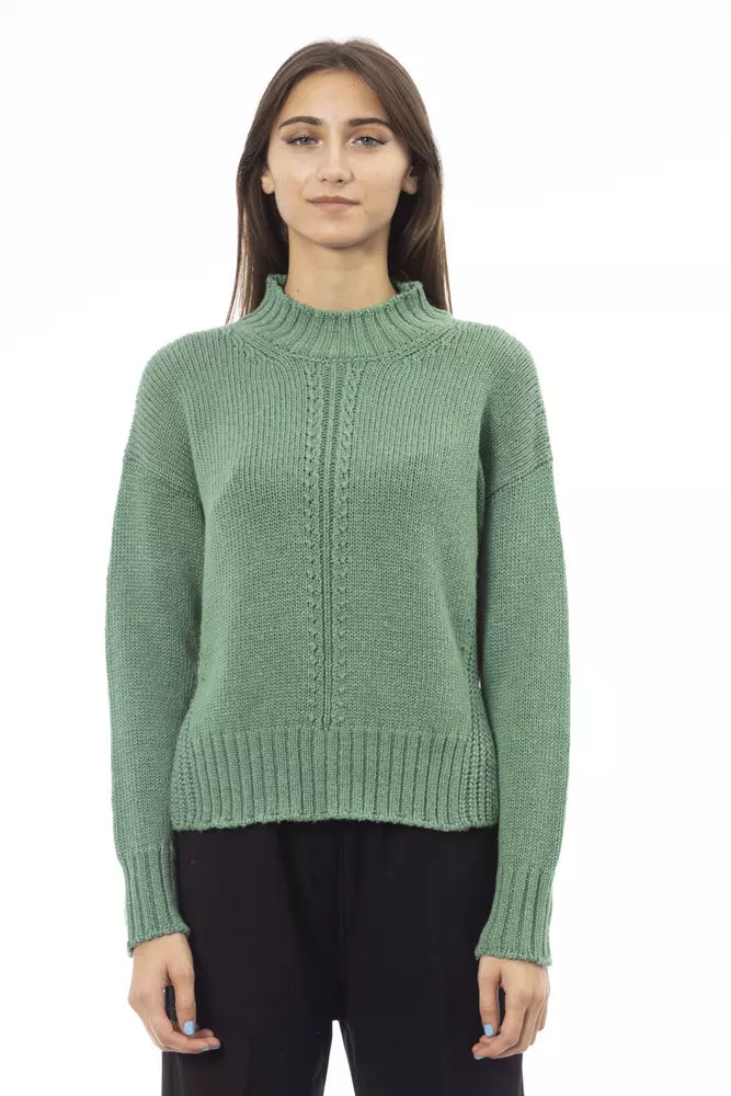 Alpha Studio Ladies' Green Wool Mock Neck Sweater with Side Slits