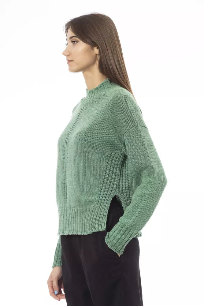 Alpha Studio Ladies' Green Wool Mock Neck Sweater with Side Slits