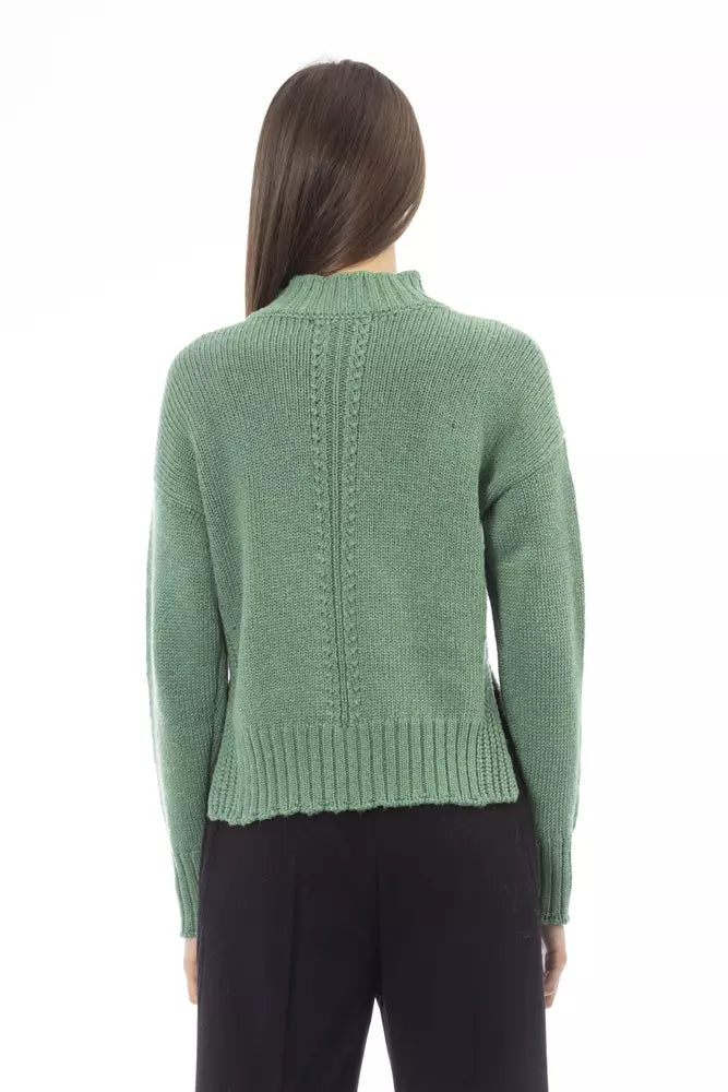 Alpha Studio Ladies' Green Wool Mock Neck Sweater with Side Slits