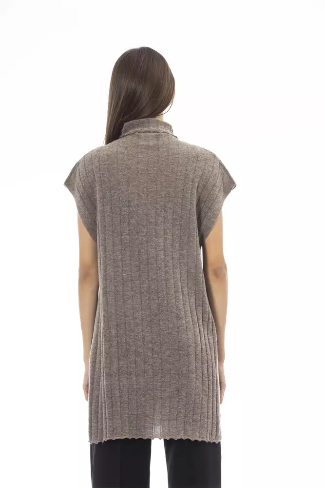 Alpha Studio Ladies' Brown Nylon Sleeveless Turtleneck Sweater