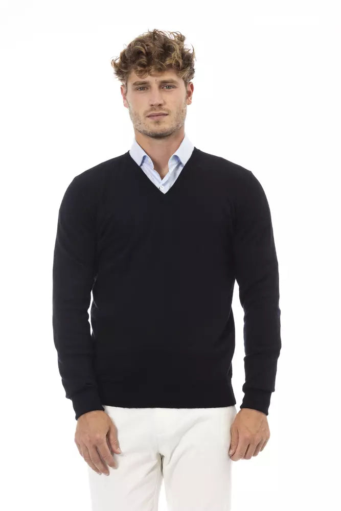 Alpha Studio Men's Black Wool V-neck Sweater