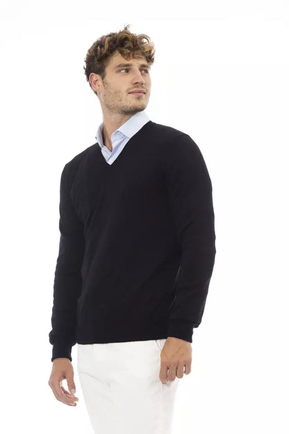 Alpha Studio Men's Black Wool V-neck Sweater