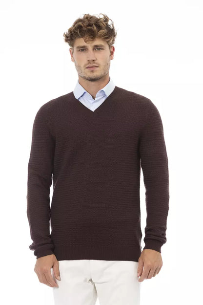 Alpha Studio Men's Brown Merino Wool V-neck Sweater