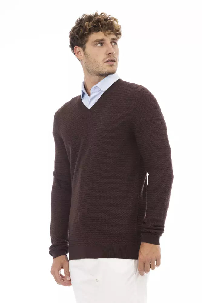 Alpha Studio Men's Brown Merino Wool V-neck Sweater