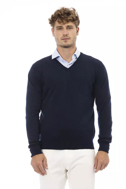 Alpha Studio Men's Blue Wool V-neck Sweater