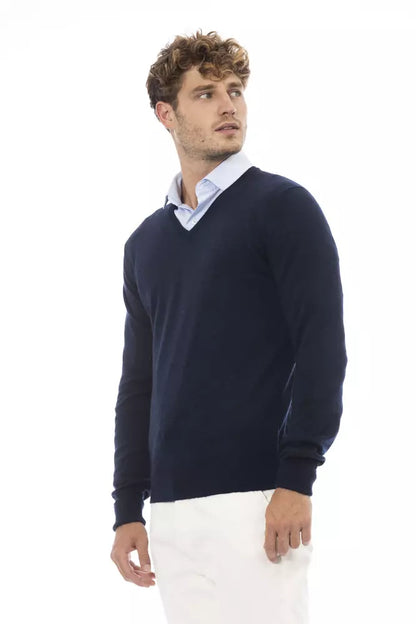 Alpha Studio Men's Blue Wool V-neck Sweater