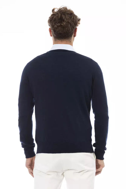 Alpha Studio Men's Blue Wool V-neck Sweater