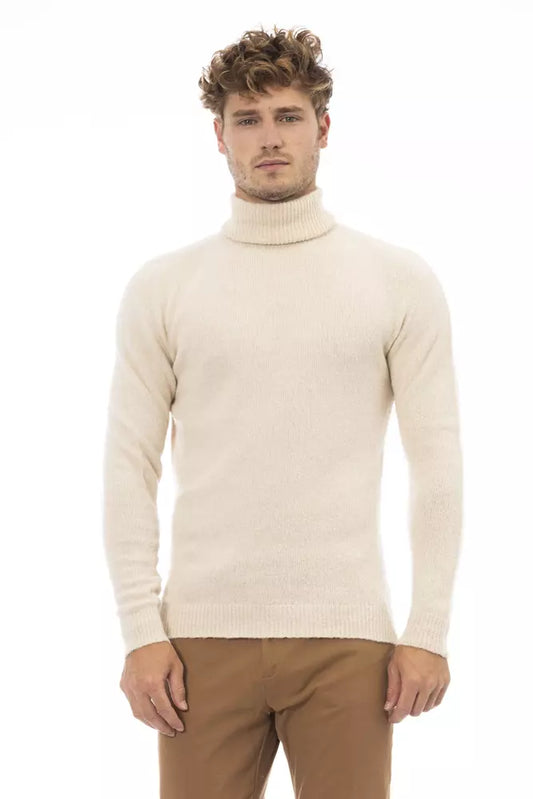 Alpha Studio Men's Beige Alpaca Leather Turtleneck Sweater