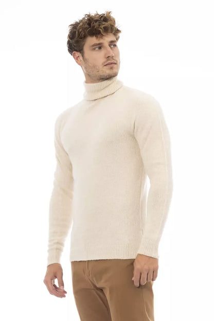 Alpha Studio Men's Beige Alpaca Leather Turtleneck Sweater