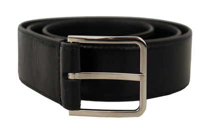 Dolce & Gabbana Black Calf Leather Logo Engraved Metal Buckle Belt