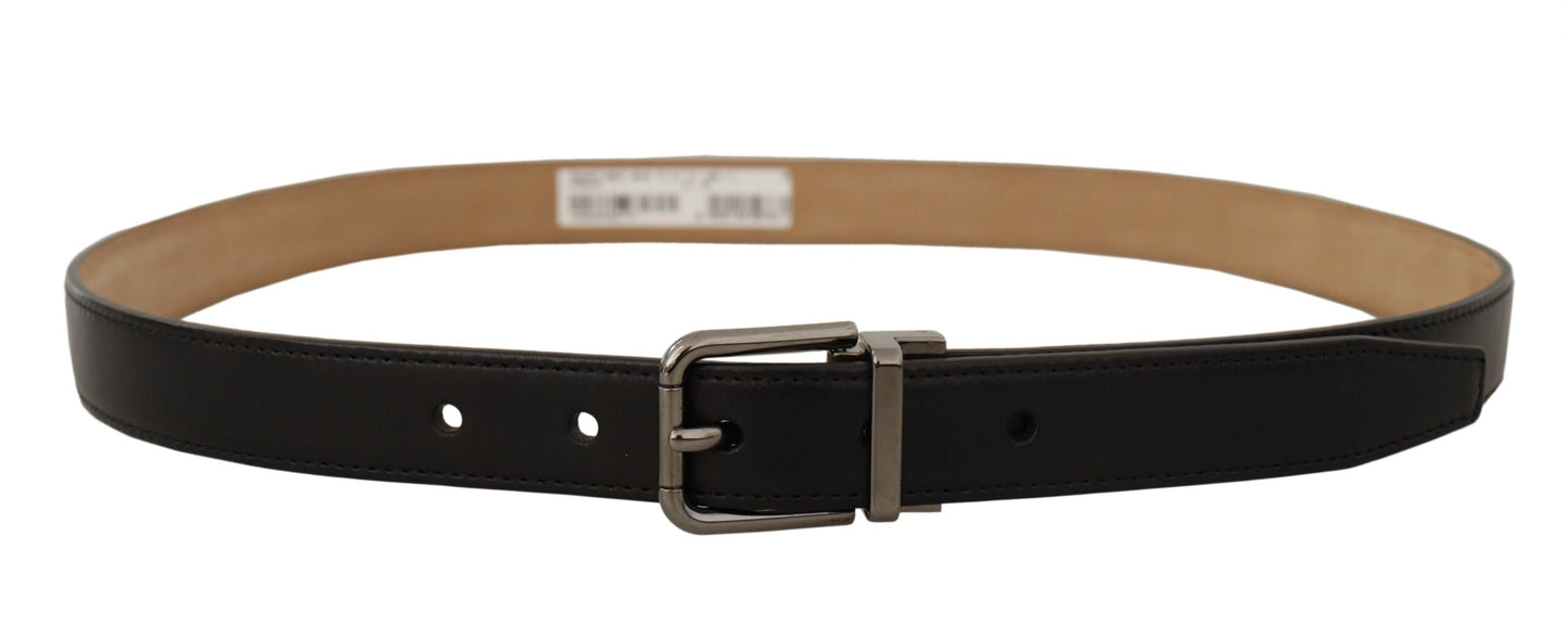 Dolce & Gabbana Black Calf Leather Logo Engraved Metal Buckle Belt