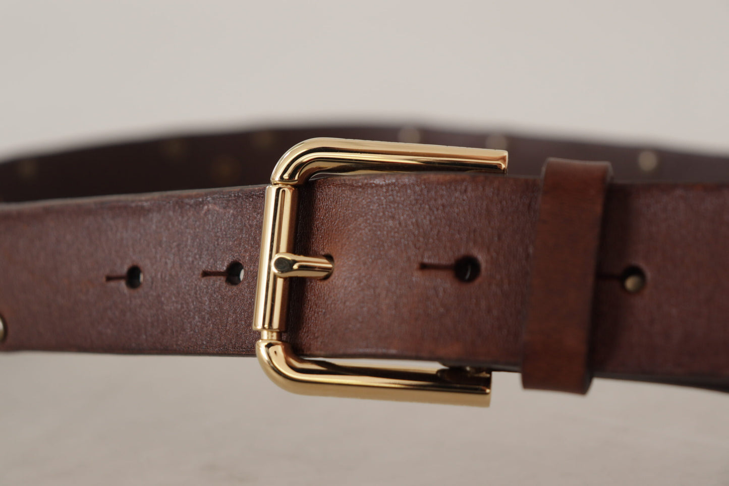 Dolce & Gabbana Brown Leather Studded Gold Tone Metal Buckle Belt