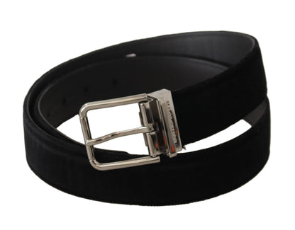 Dolce & Gabbana Black Velvet Silver Logo Engraved Metal Buckle Belt