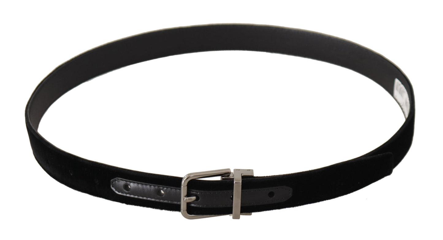 Dolce & Gabbana Black Velvet Silver Tone Logo Metal Buckle Belt