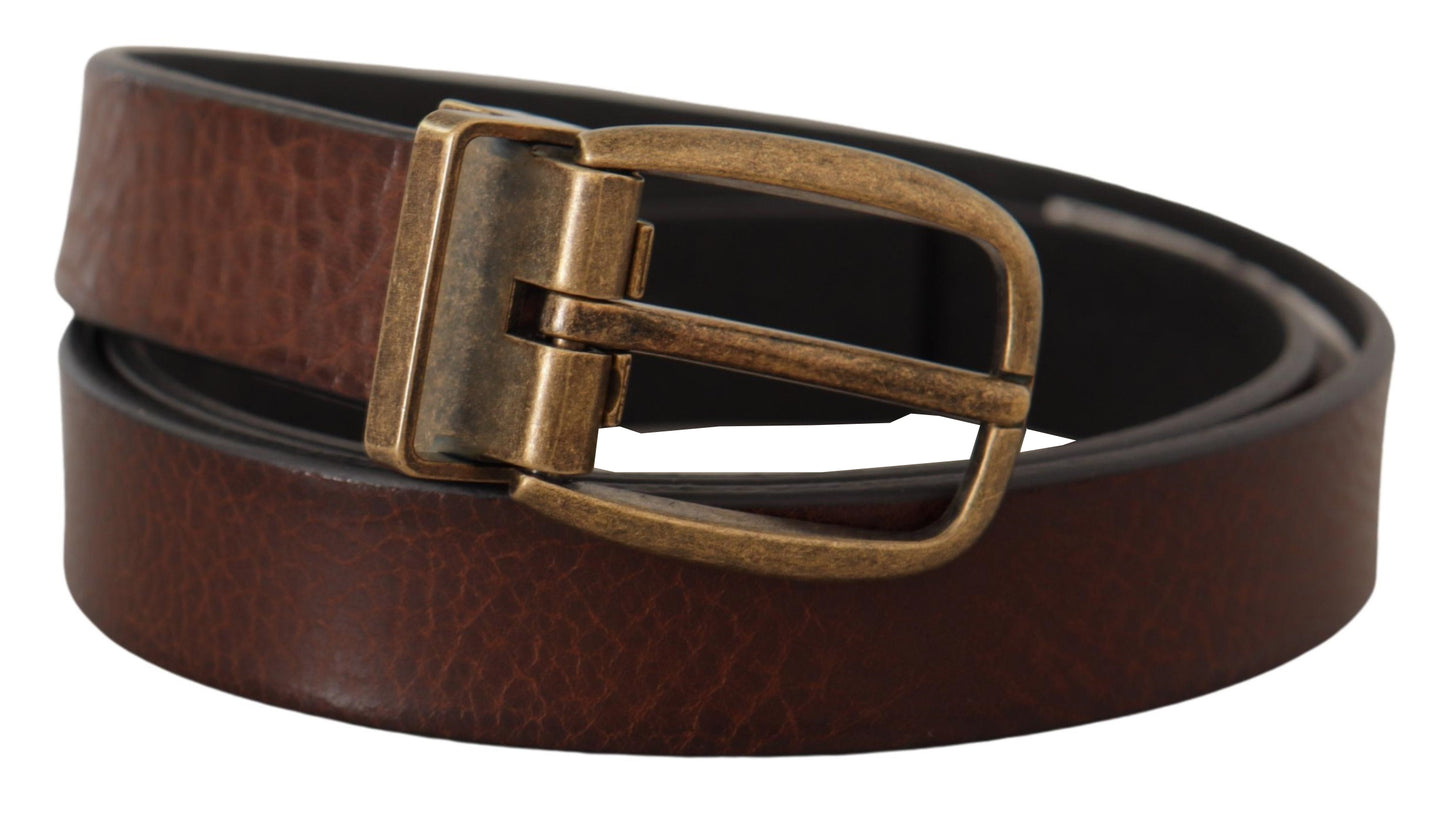 Dolce & Gabbana Brown Leather Vintage Style Brass Metal Buckle Belt