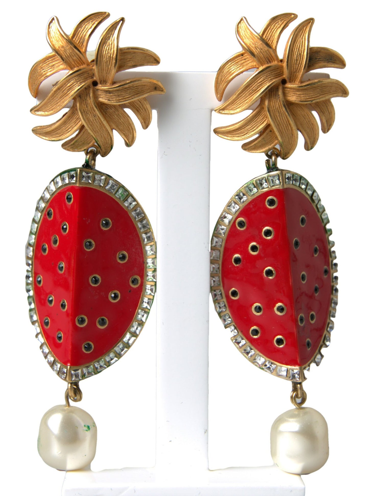 Red Watermelon Gold Brass Crystal Clip Dangling Earrings