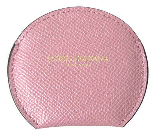 Pink Calfskin Leather Round Logo Print Hand Mirror Holder