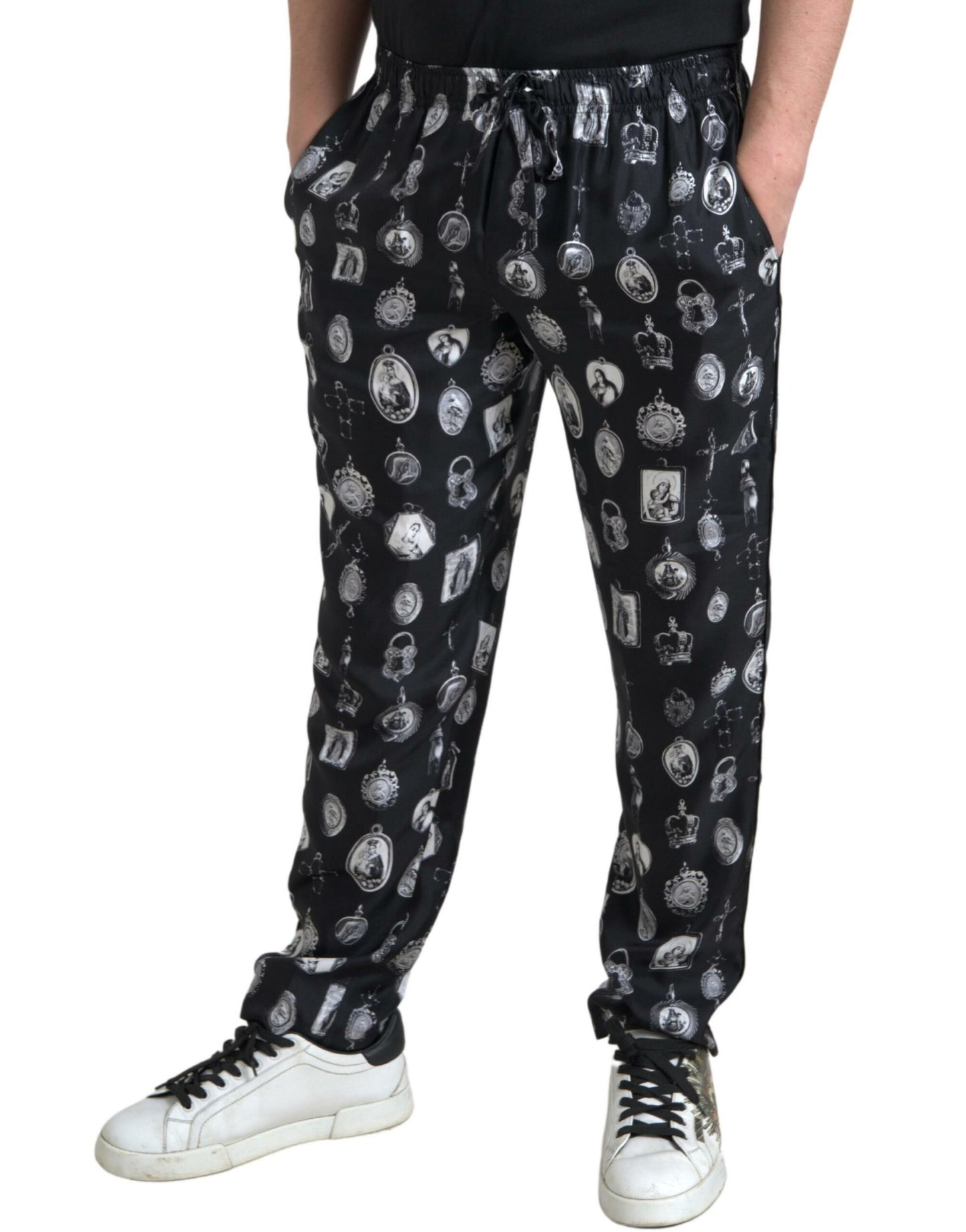 Dolce & Gabbana Black Religious Print Joggers Silk Men Pants