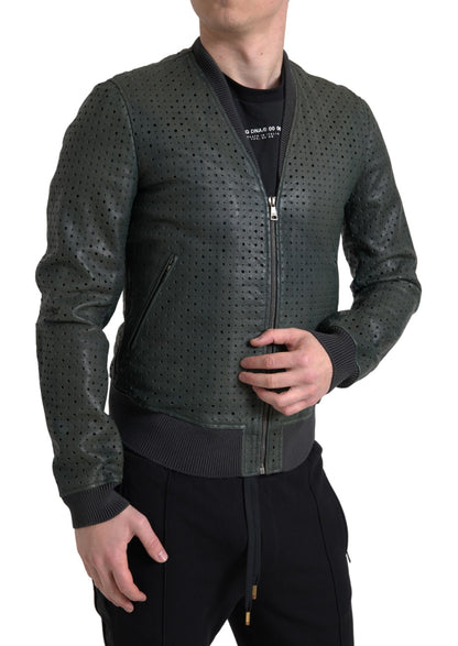 Dolce & Gabbana Green Perforated Leather Bomber Jacket