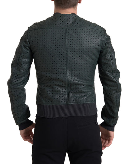 Dolce & Gabbana Green Perforated Leather Bomber Jacket