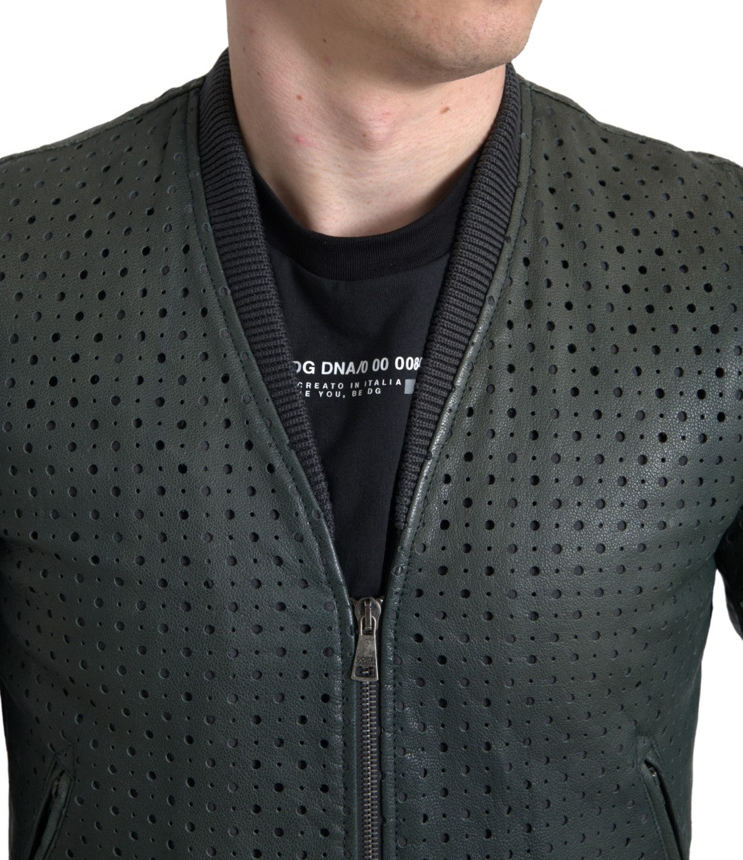 Dolce & Gabbana Green Perforated Leather Bomber Jacket