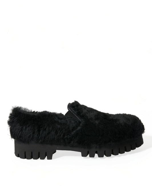 Black Fur Leather Slippers Dress Shoes