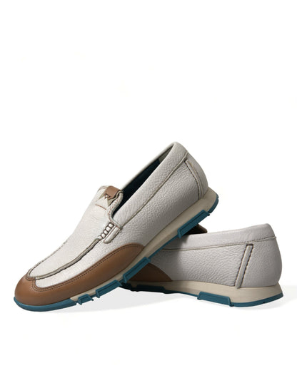 White Brown Leather Slip On Men Moccasin Shoes