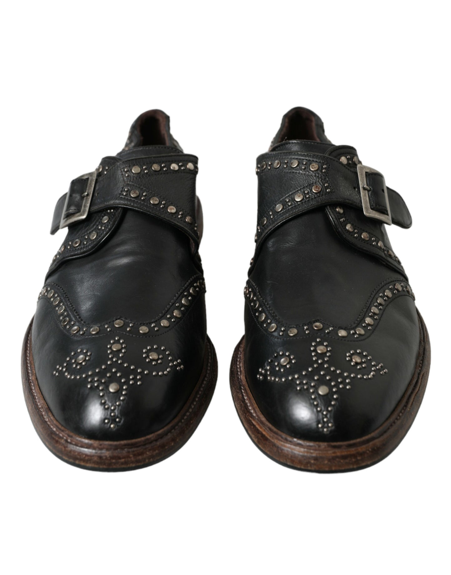 Black Leather Monk Strap Studded Dress Shoes