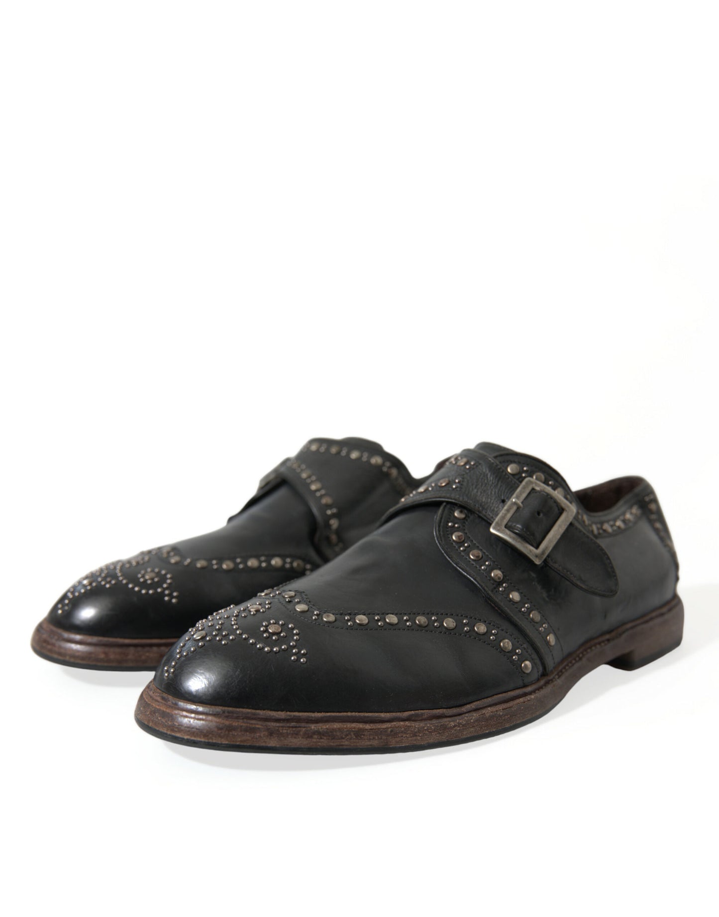 Black Leather Monk Strap Studded Dress Shoes