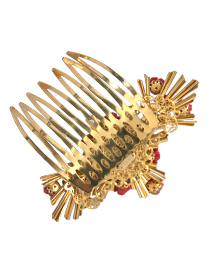 Gold Brass Crystal Heart Floral Hair Comb