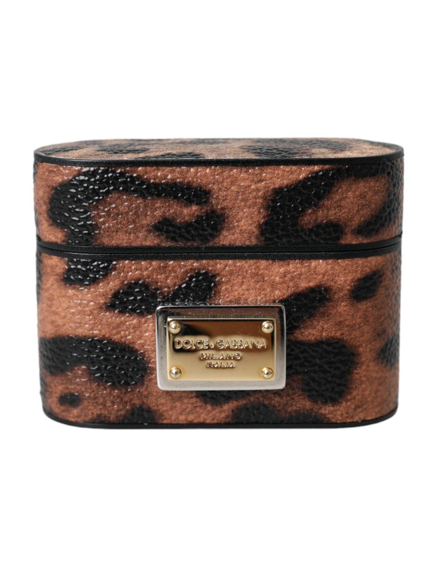 Brown Leopard Calf Leather Logo Plaque Airpods Case