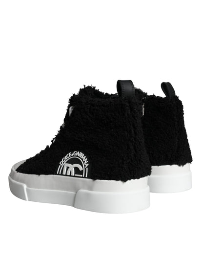 Dolce & Gabbana Black White Fur Logo High Top Sneaker Shoes