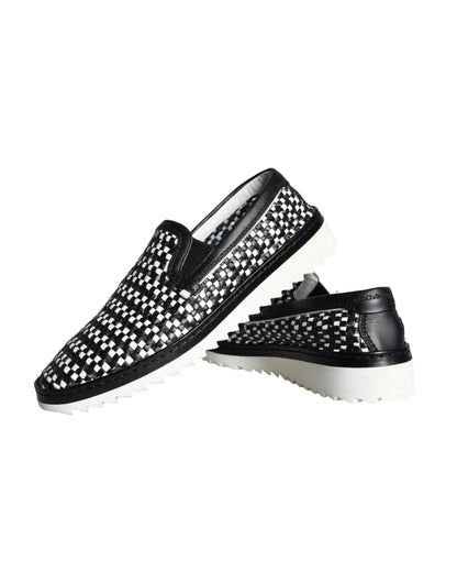 Black White Weaved Slip On Men Loafers Shoes